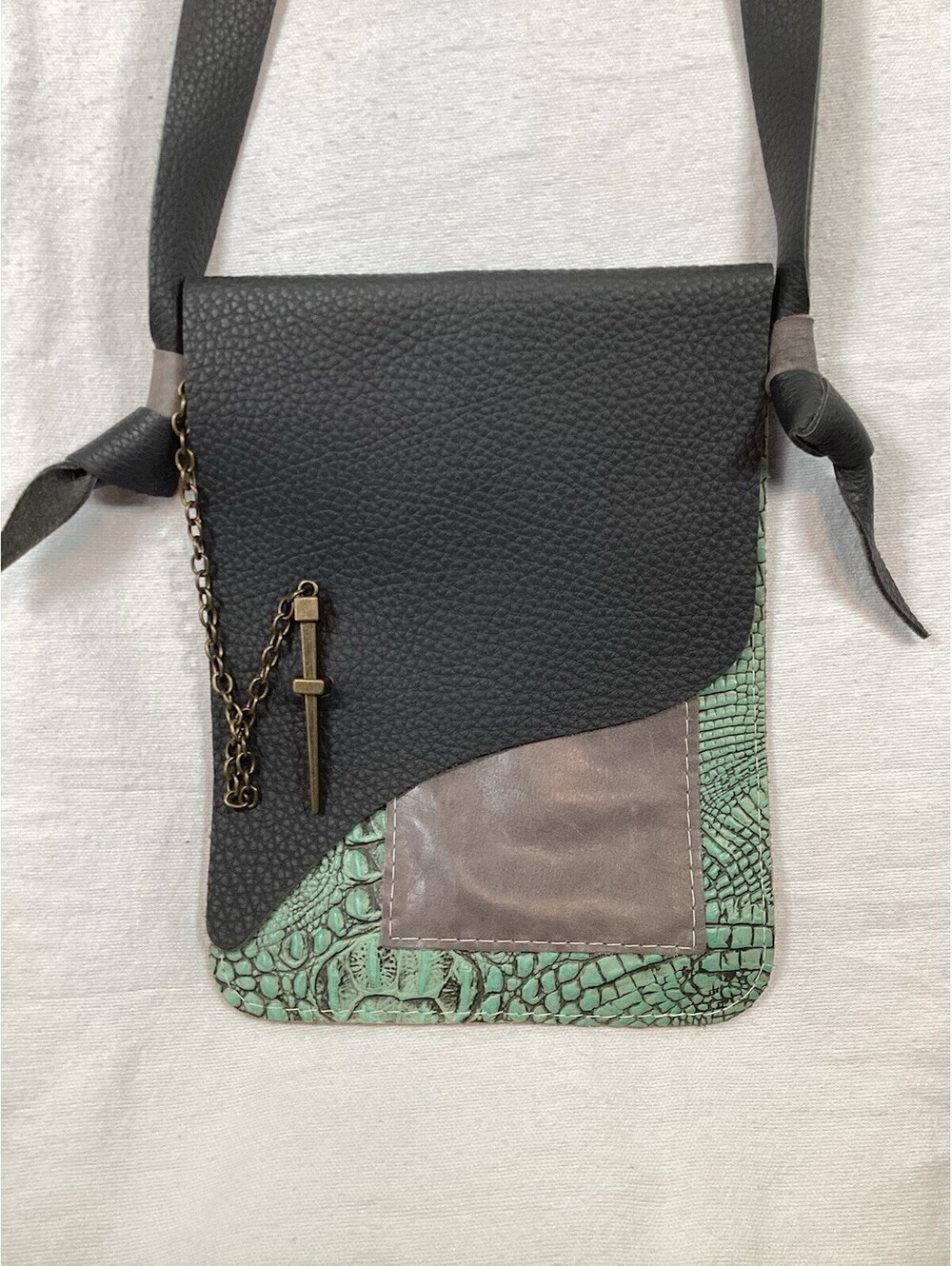 Unique Leather Crossbody Bag Chain Accent Sail Details Artsy Purse